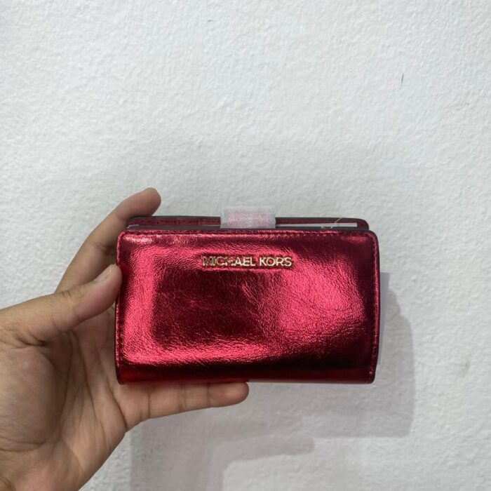 MICHAEL KORS, for ladies, bifold compact wallet, textured faux leather, metallic red