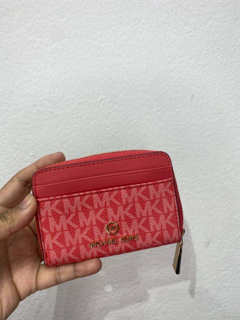 MICHAEL KORS, for ladies, small zip around card holder, signature print, sangria red