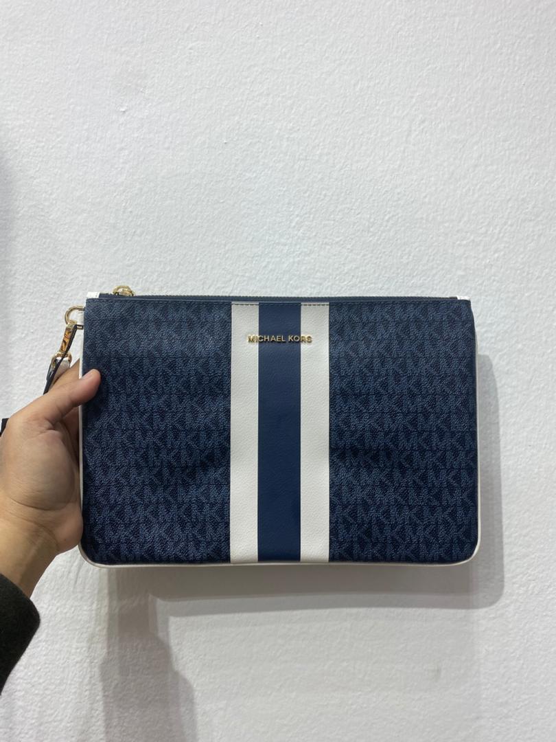 MICHAEL KORS, large wristlet, signature print, stripes blue