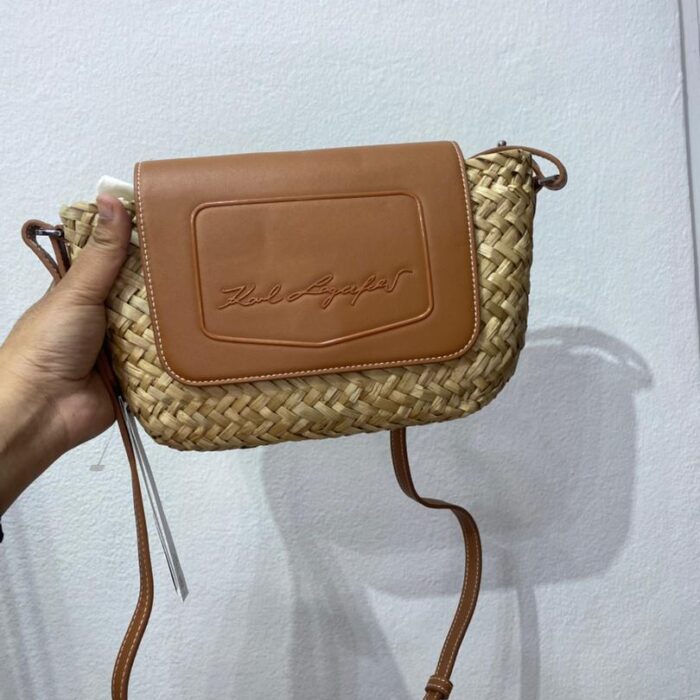 KARL LAGERFELD, for ladies, flap crossbody bag, weave straw, natural