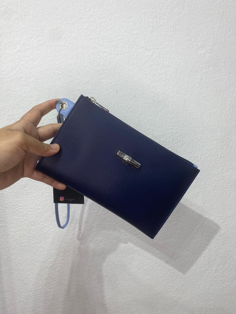 LONGCHAMP, city, medium wristlet, coated cotton navy