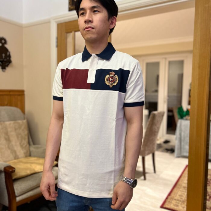 HACKETT, for men, collared t shirt, mesh cotton, classic fit, embroidered cream size: M, XL, XXL