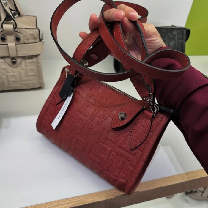 LONGCHAMP, XS top handle crossbody bag, embossed leather, dark red