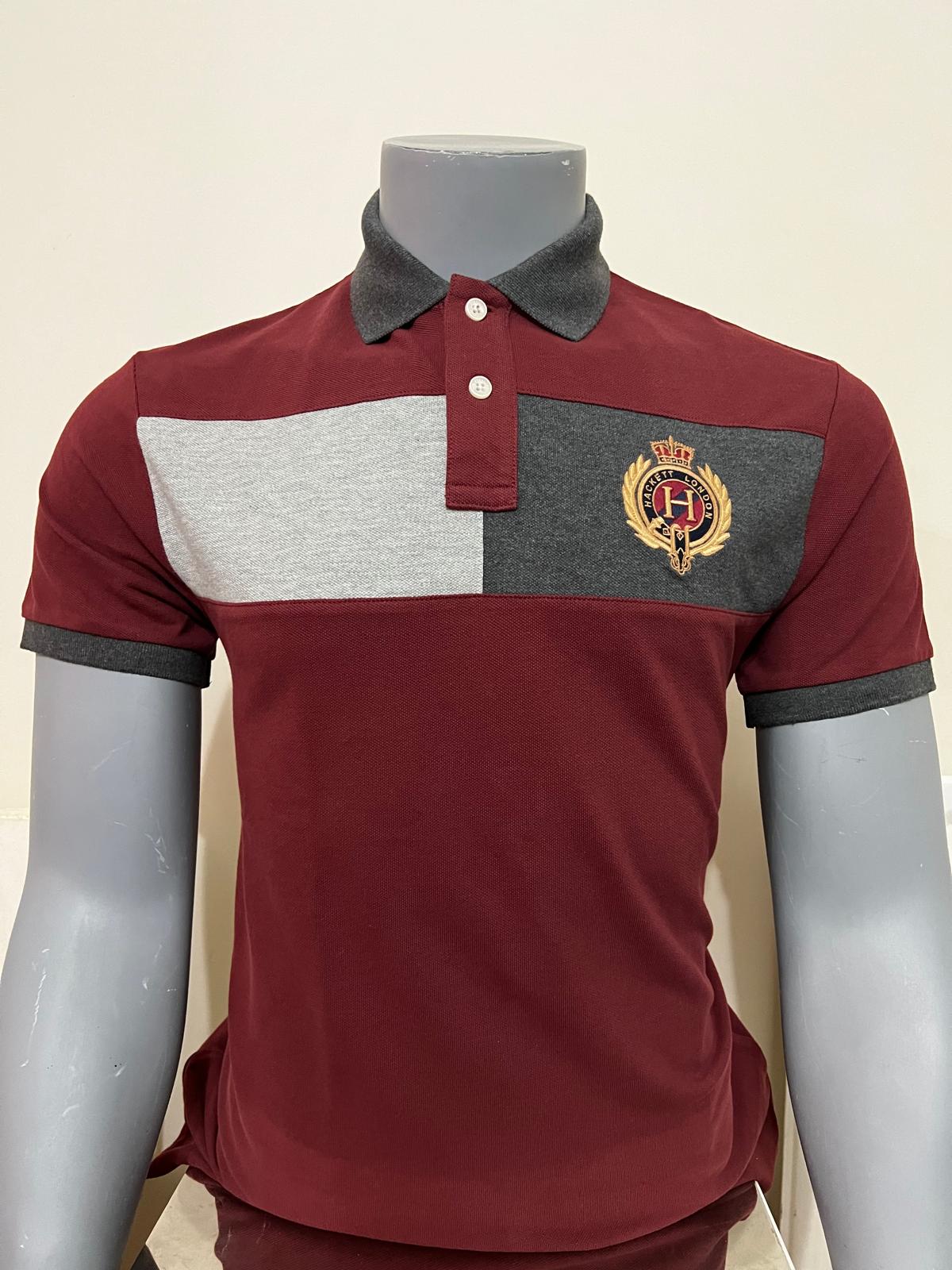 HACKETT, for men, collared t shirt, mesh cotton, classic fit, embroidered crest, burgandy size: M, L, XL, XXL