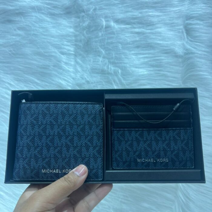 MICHAEL KORS, for men, set of bifold wallet and small card holder, boxed, signature print blue
