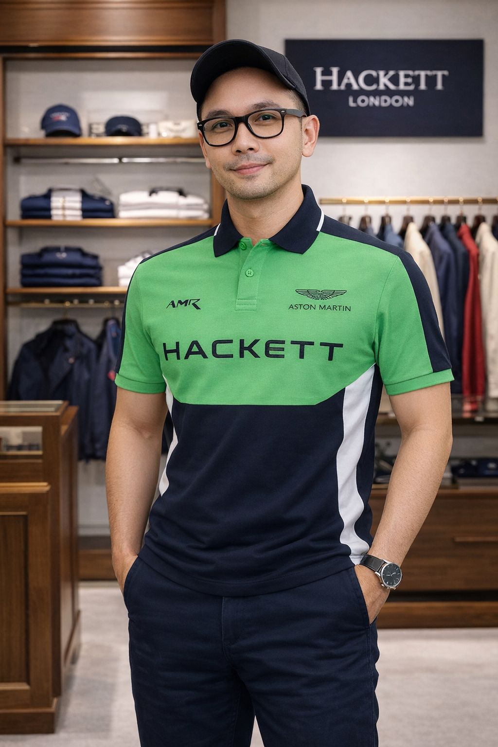 HACKETT X ASTON MARTIN RACING, for men, collared t shirt, classic fit, color block, black green size: S-XXL