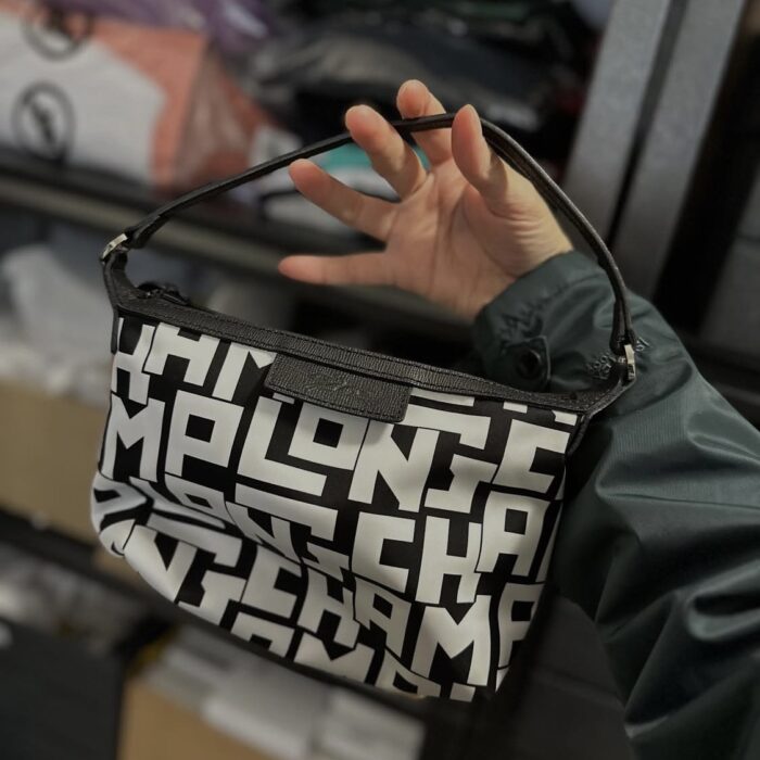 LONGCHAMP, lgp, top handle bag, nylon black white