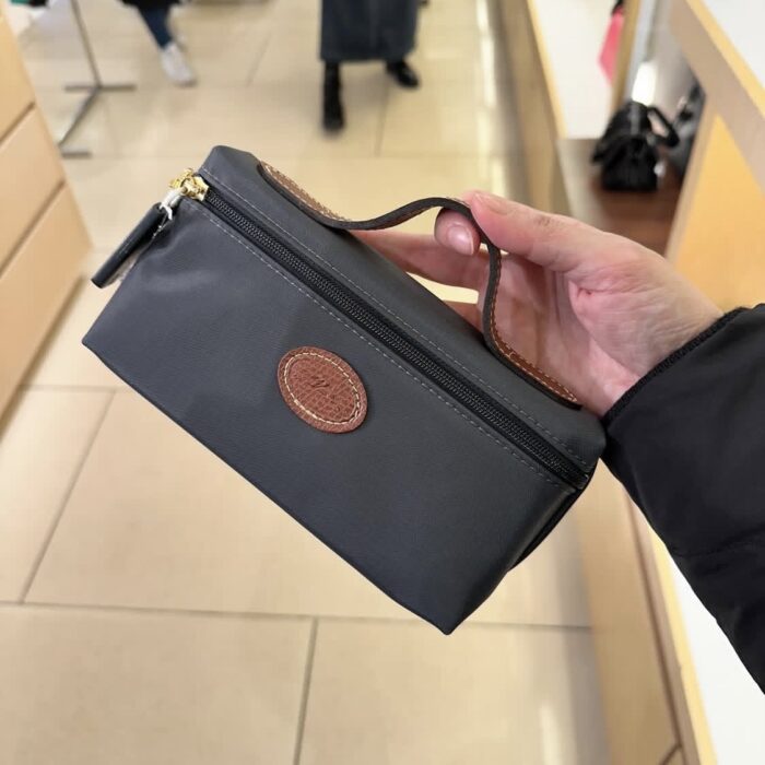 LONGCHAMP, top handle pouch, no long strap, graphite dark grey