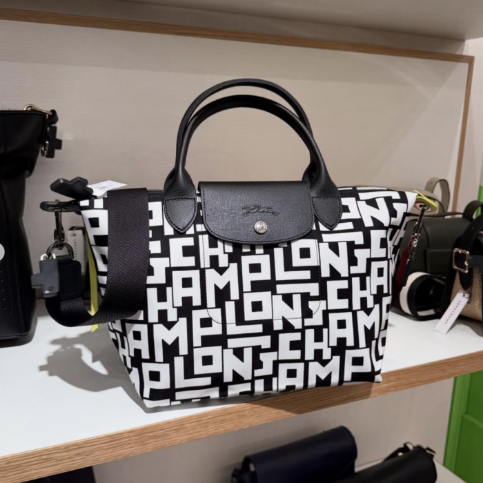 LONGCHAMP, lgp, small top handle bag, with long strap, nylon, black white