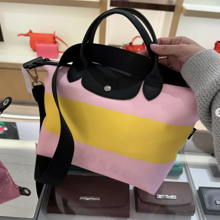 LONGCHAMP, neo, small top handle bag, with long strap, nylon, stripe pink