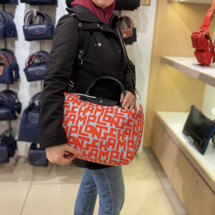 LONGCHAMP, lgp, medium top handle bag, with long strap, nylon, blue orange