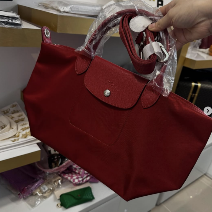LONGCHAMP, neo, medium top handle bag, with long strap, nylon, dark red