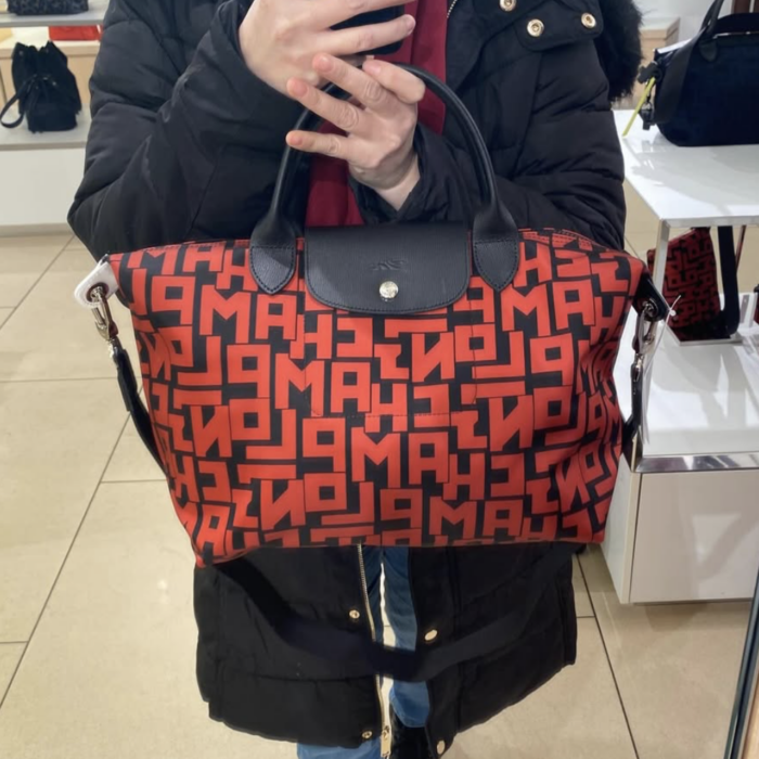 LONGCHAMP, lgp, medium top handle, with long strap, red black