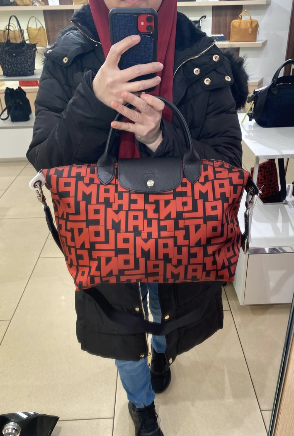 LONGCHAMP, lgp, medium top handle, with long strap, red black