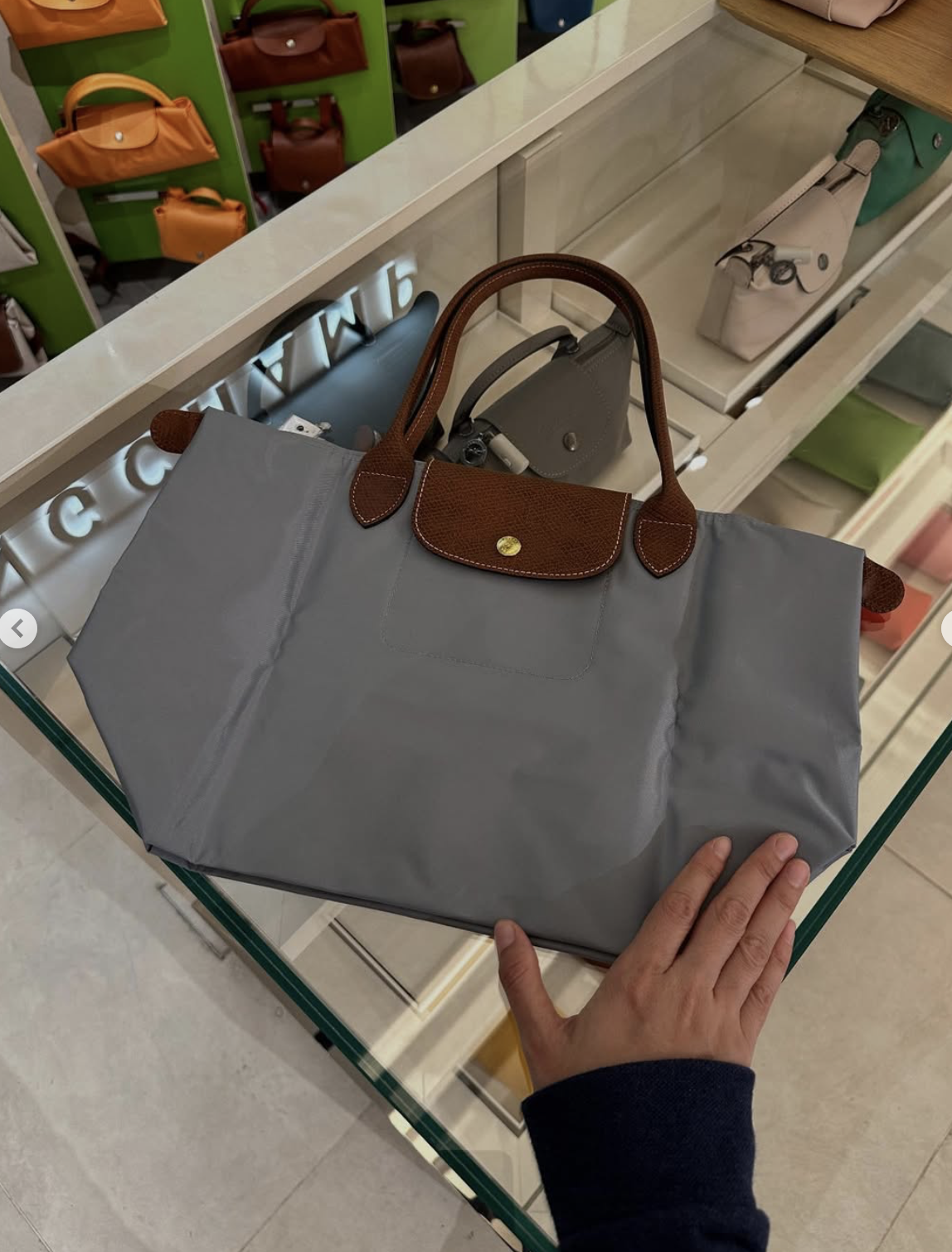 LONGCHAMP, le pliage original, medium long handle bag, no long strap, steel grey