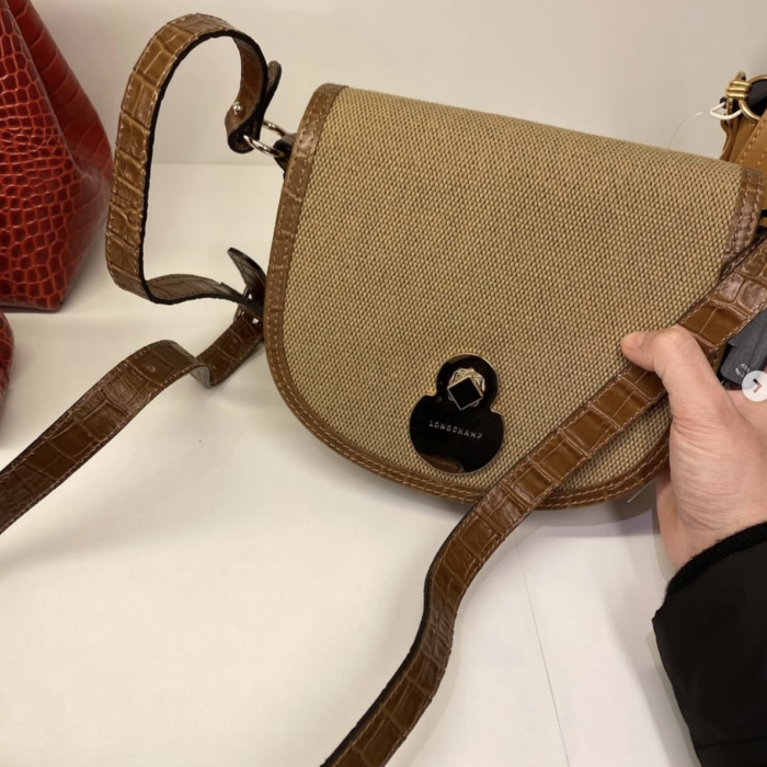 LONGCHAMP, saddle crossbody bag, leather trimming, fabric brown