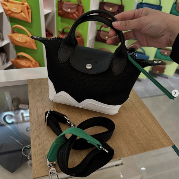 LONGCHAMP, XS top handle bag, with long strap, leather and fabric, black