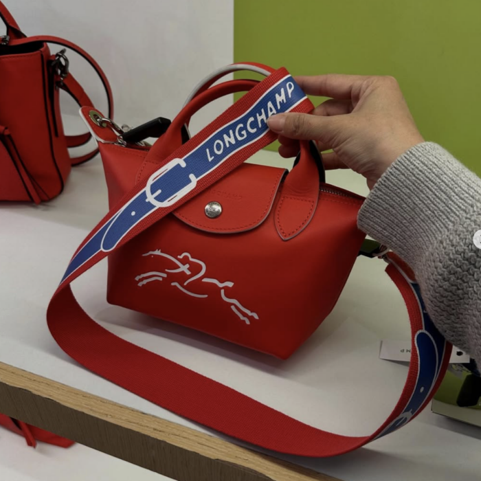 LONGCHAMP, le cuir, xs top handle bag, with long strap, embossed leather red