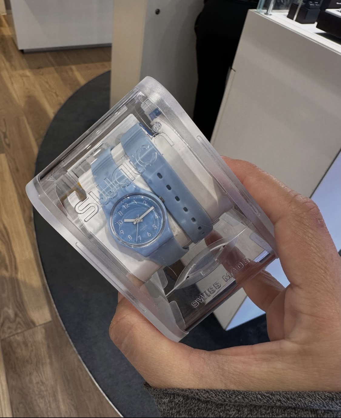 SWATCH, small watch, double loop strap, baby blue