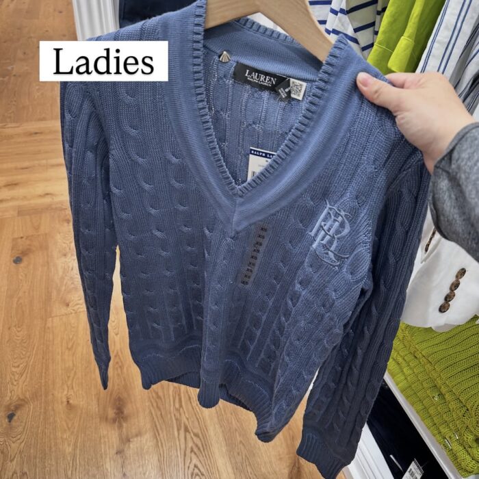 POLO RALPH LAUREN, for ladies, v neck sweater, cotton viscose knitted, washed glossy blue