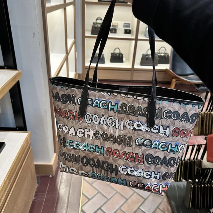 COACH x MINT + SERF, large open top tote bag no long strap, grafitti black