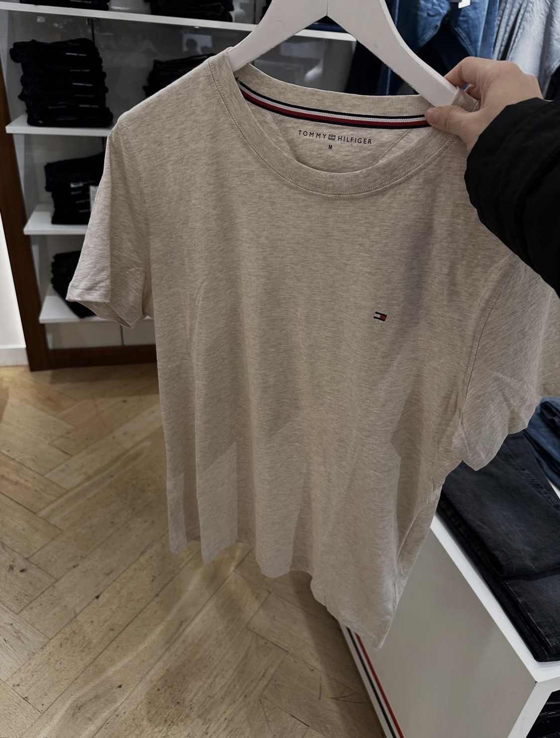 TOMMY HILFIGER, for men, short sleeves round neck t shirt, cotton, oatmeal light brown