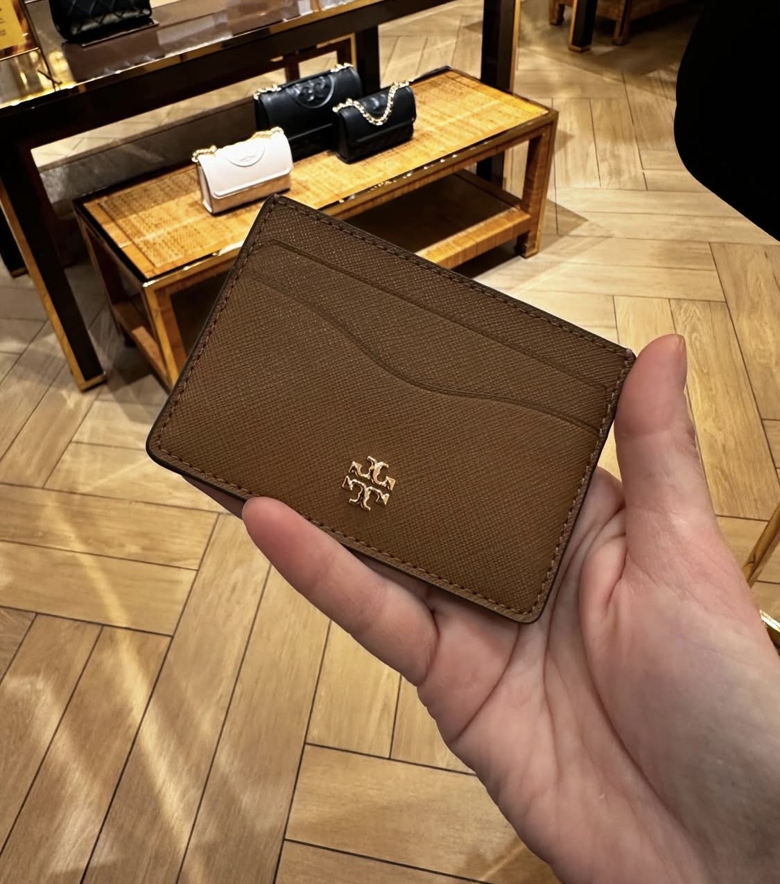 TORY BURCH, emerson, small card holder, leather moose brown