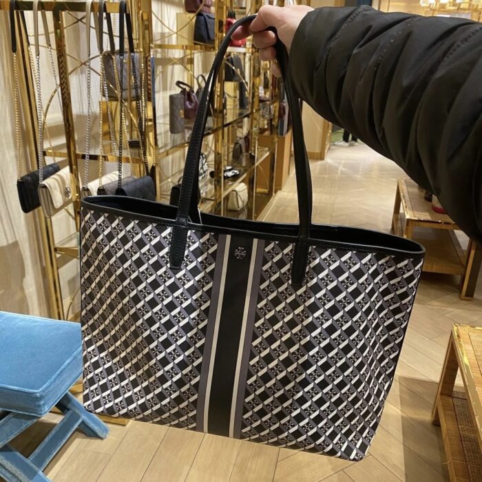 TORY BURCH, geo logo tote with stripe, no long strap, black