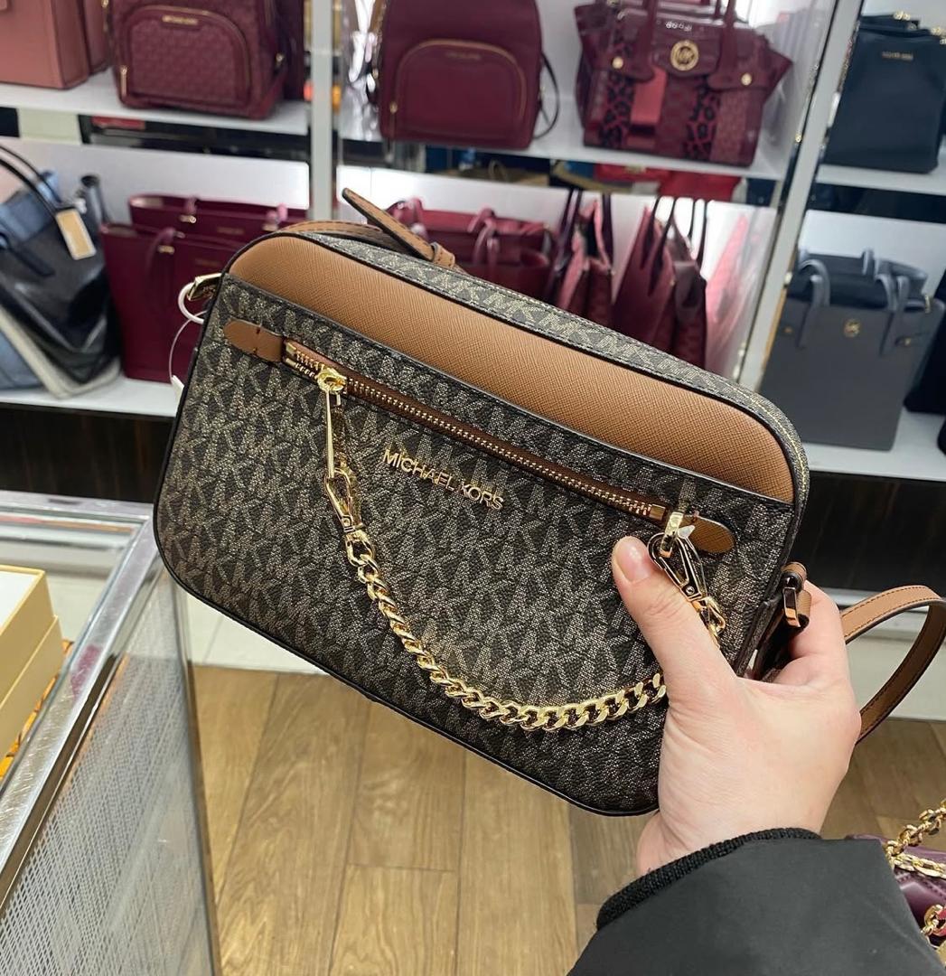 MICHAEL KORS, large camera bag, signature print, glittery brown