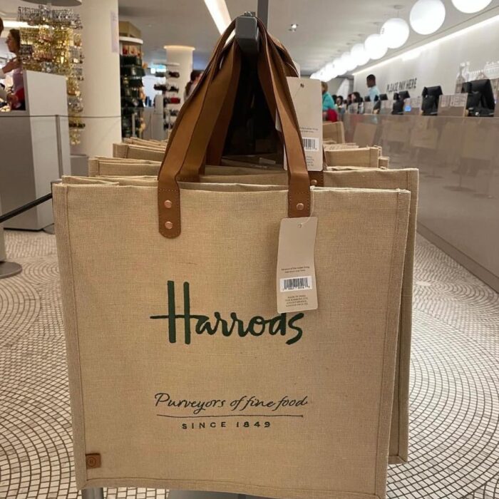 HARRODS, jute bag, embroidered logo, rubber handle, natural