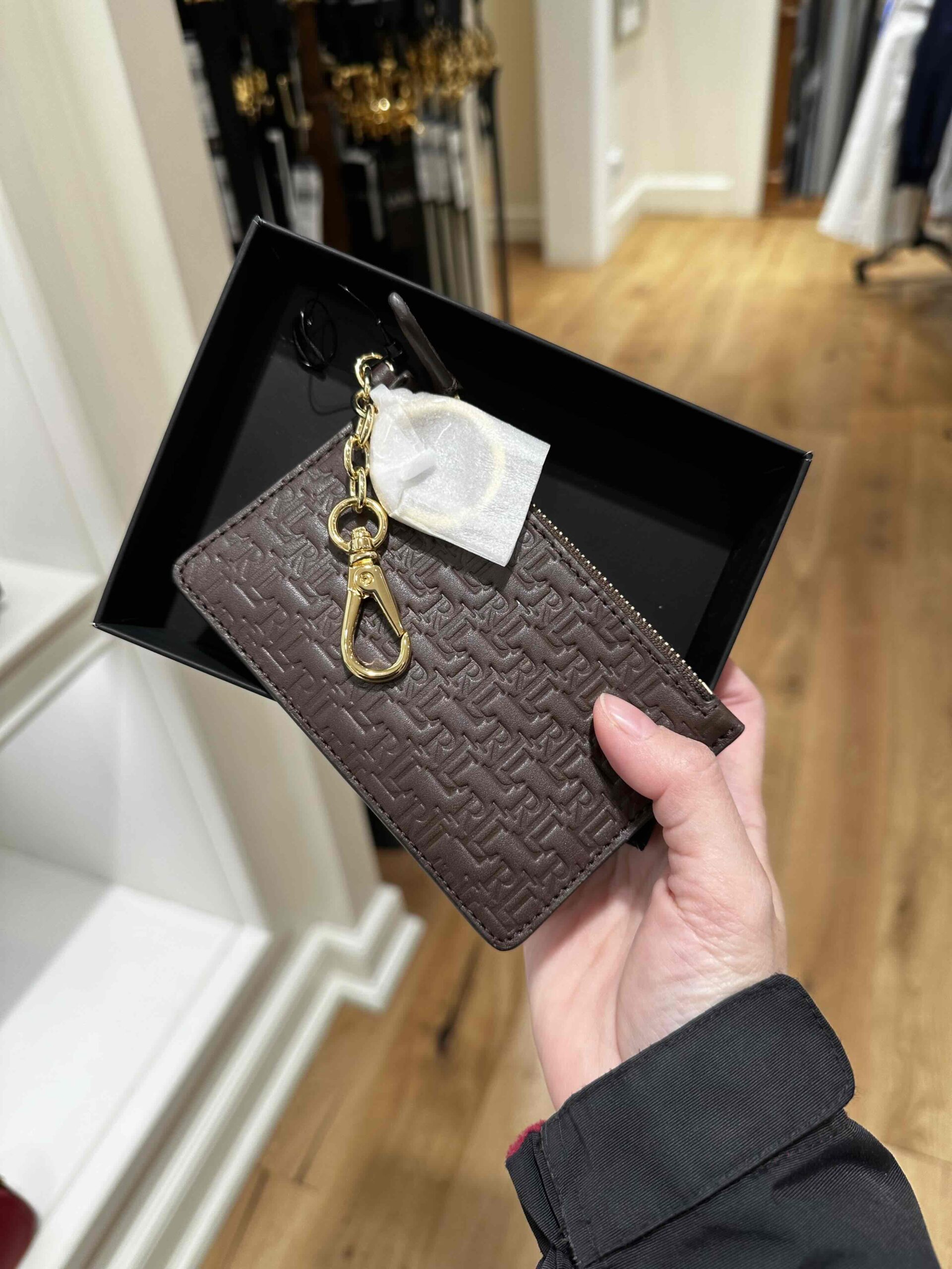 POLO RALPH LAUREN, for ladies, medium zip card holder, embossed, brown