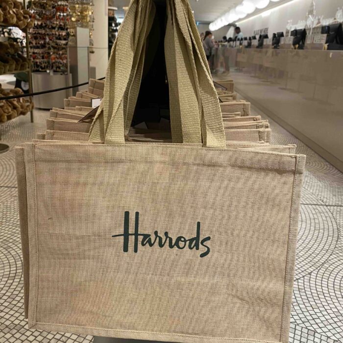 HARRODS, jute bag, printed logo, natural