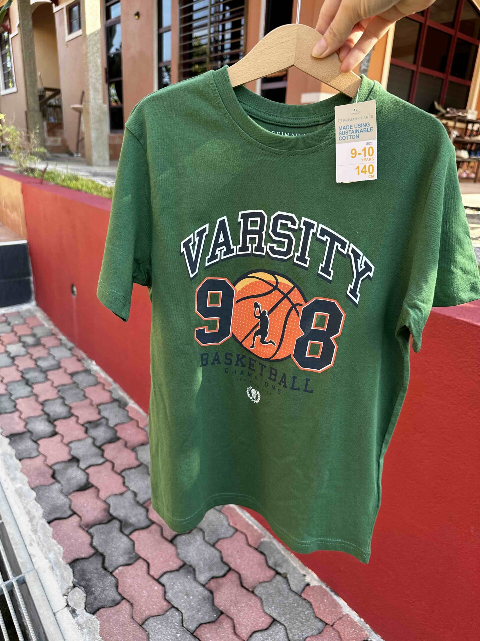 PRIMARK, for kids boys, round neck t shirt, varsity basketball, green size 9-10 years