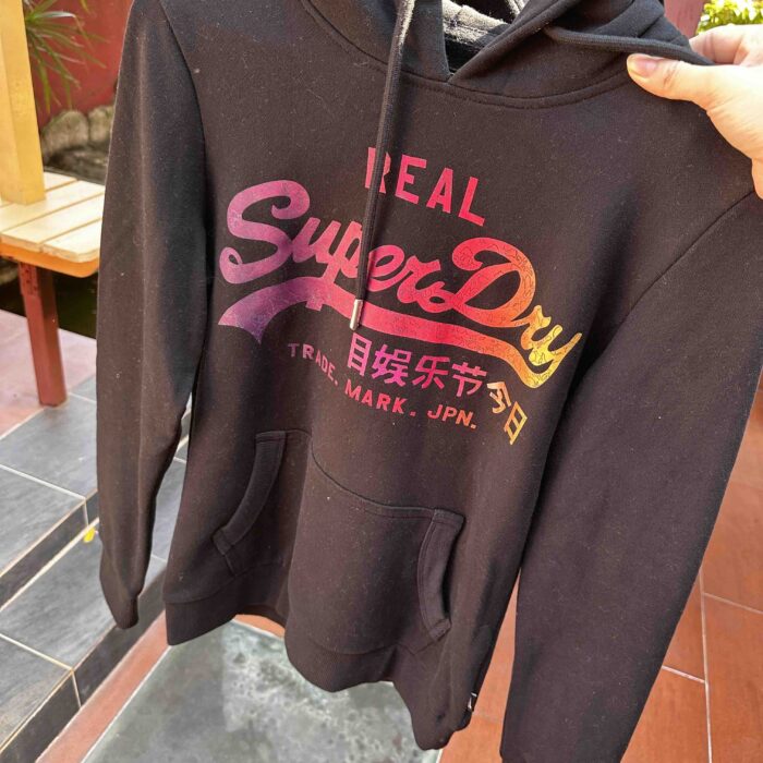 SUPERDRY, for ladies, thick hoodie, metallic print, black size: S